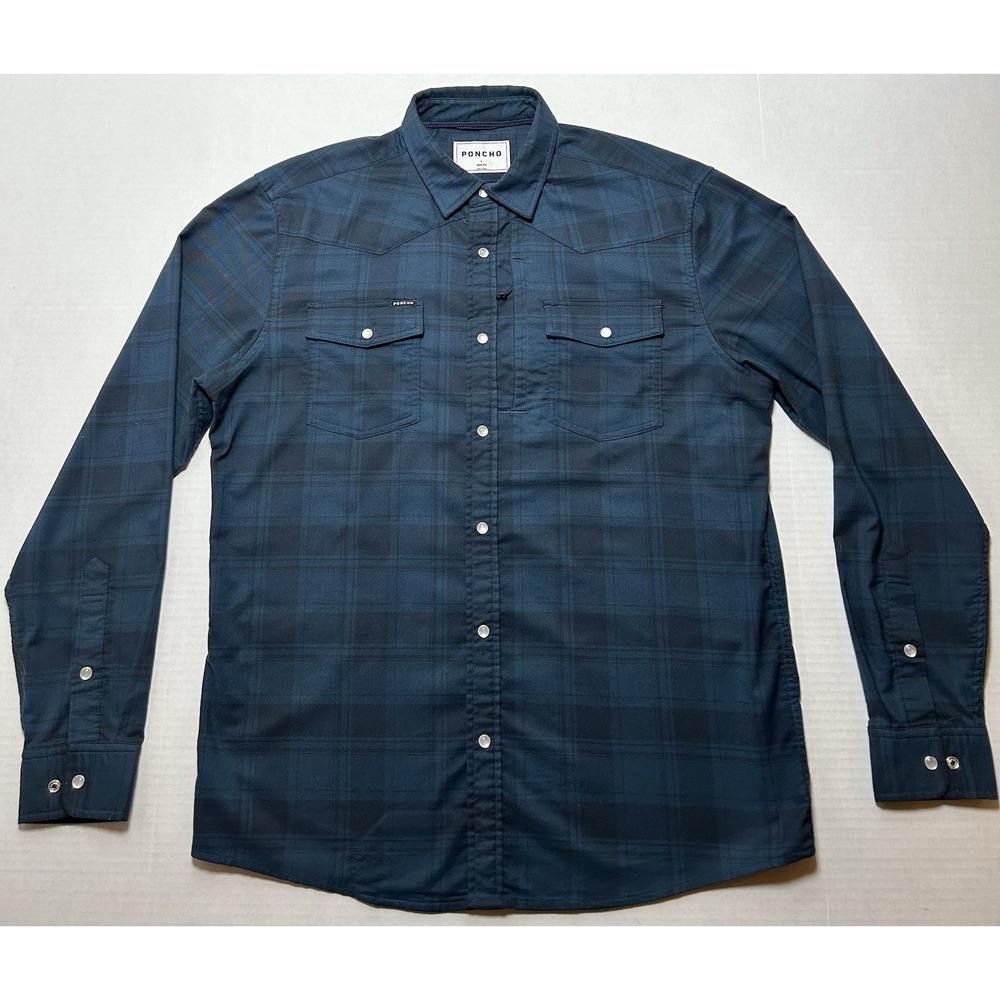 Poncho Mens The Powder River Flannel Large Slim Fit Blue Plaid Pearl Snaps EUC